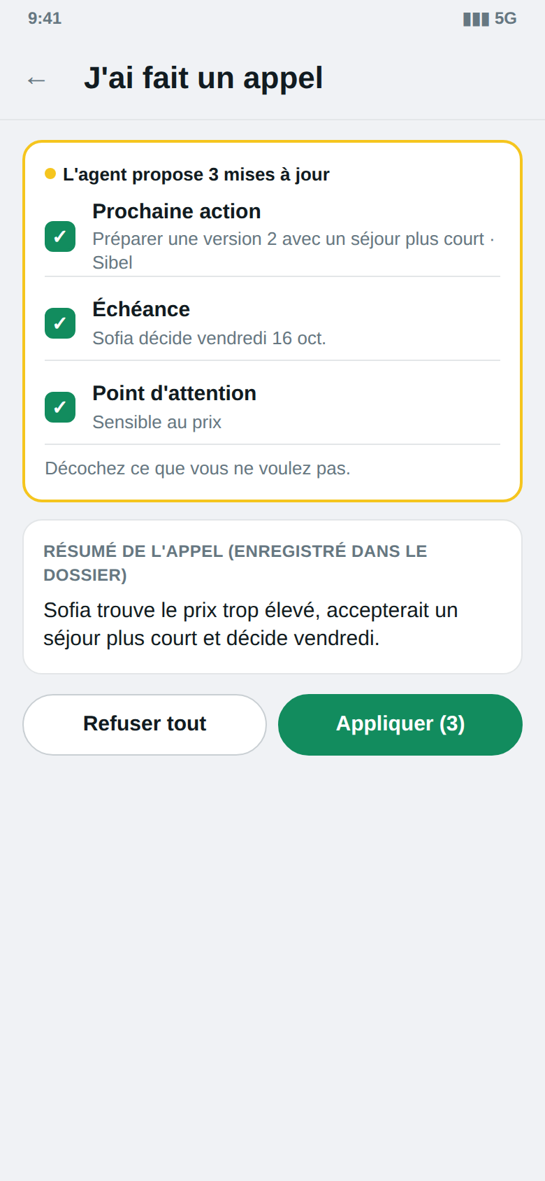 Propositions de l'agent après l'appel · téléphone